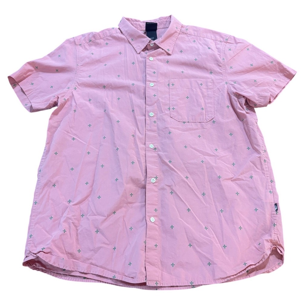 THE NORTH FACE Button Up Shirt Mens‎ XL Pink Cross Print Short Sleeve Pocket